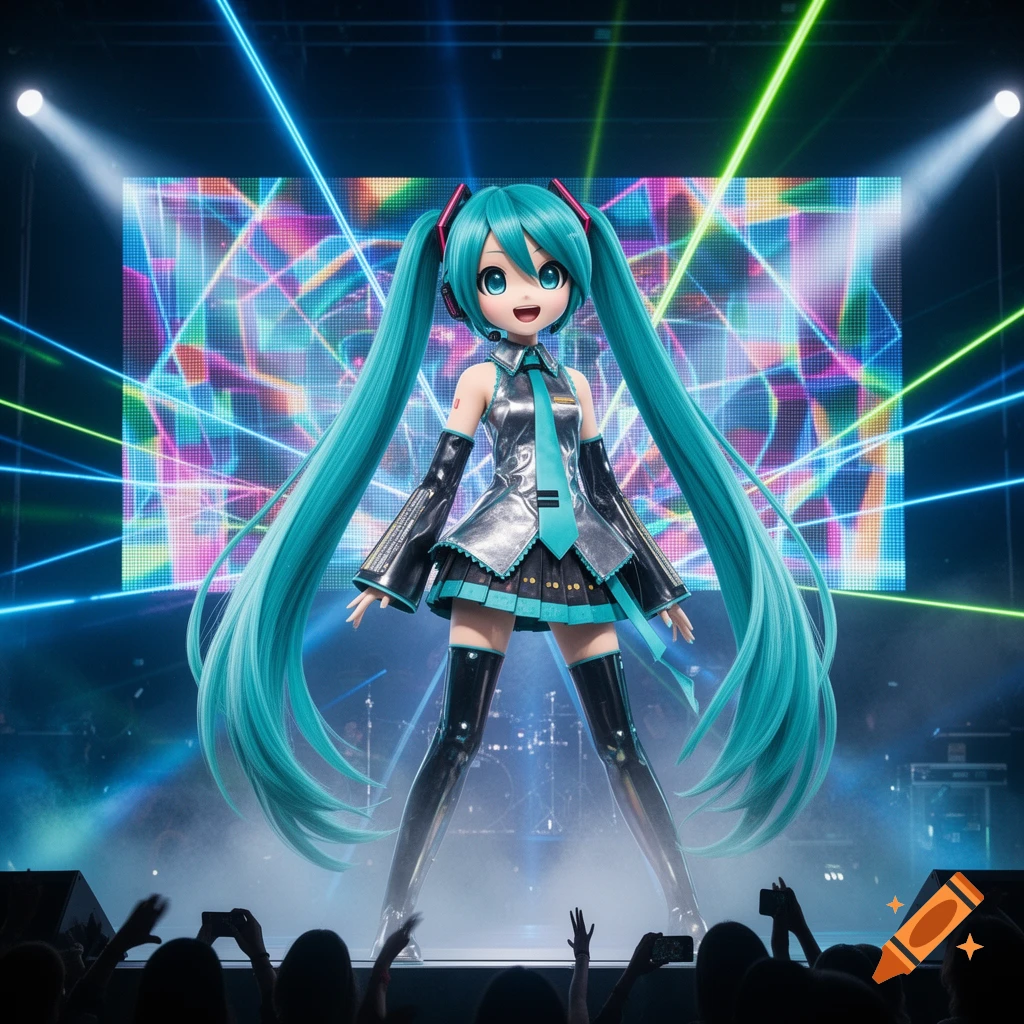 Hatsune Miku performs on a futuristic concert stage with a neon geometric background and laser lights.