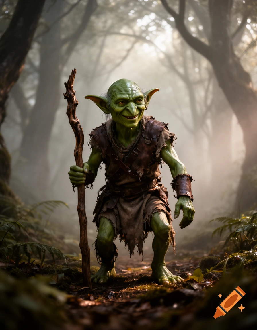 A green-skinned, grinning goblin with pointed ears stands on a misty forest path, holding a gnarled wooden staff. Photorealistic style.