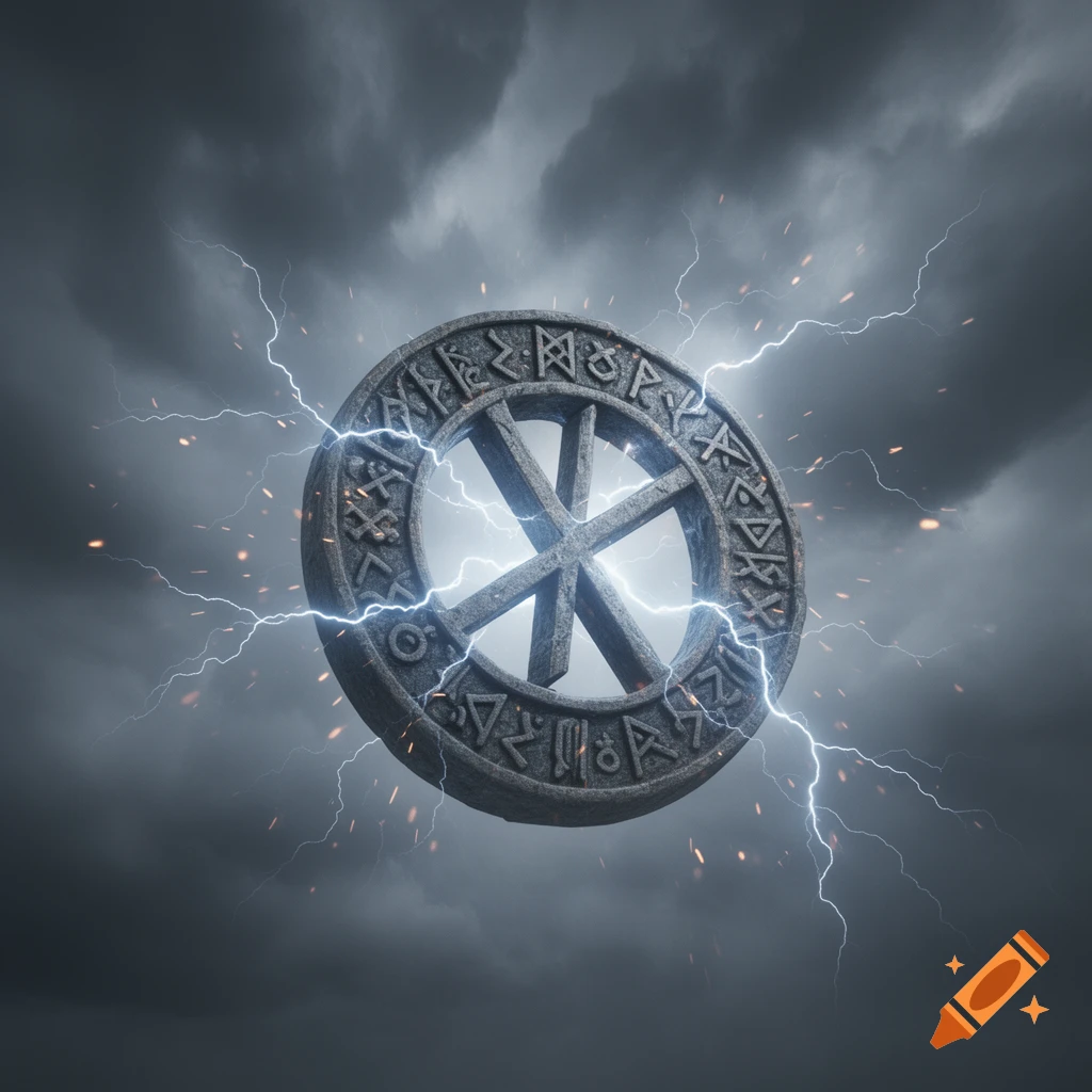 A stone rune sigil glowing with blue lightning against a dark, stormy sky.