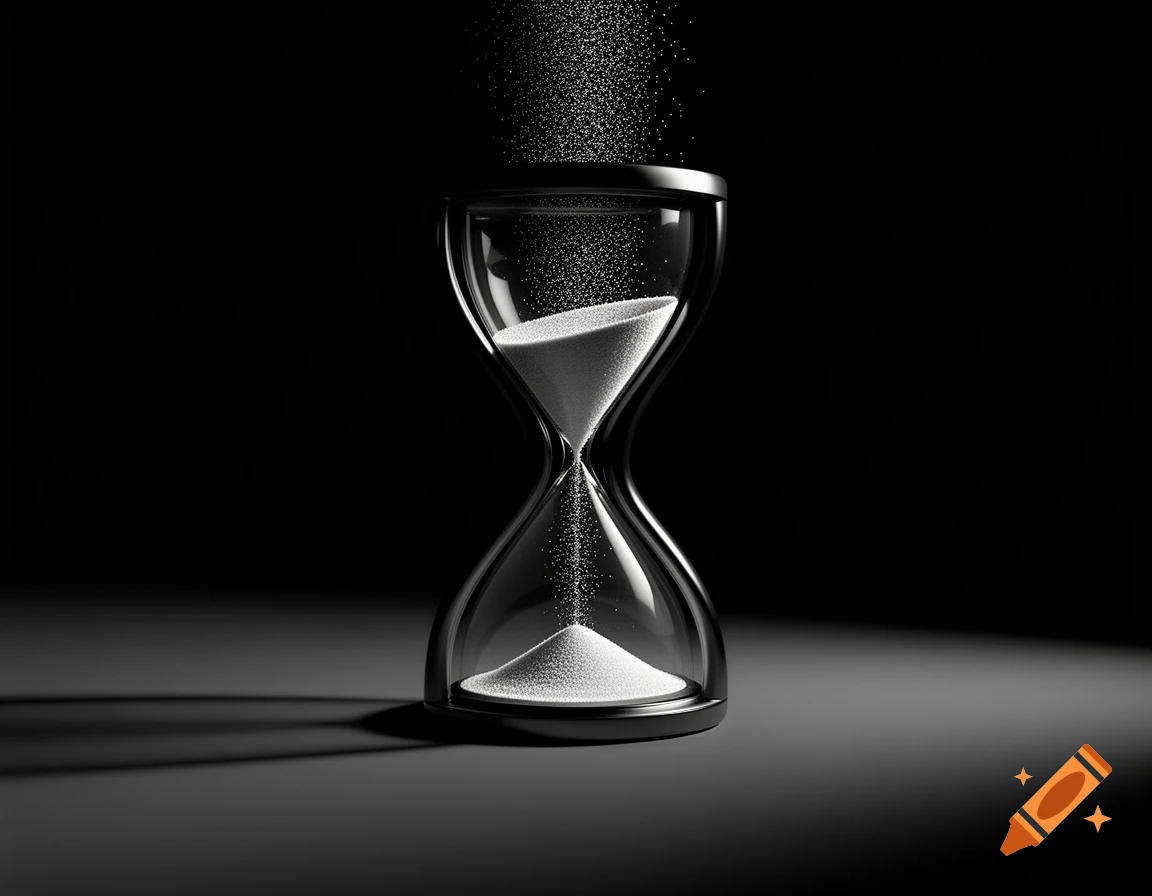 Sleek black and white hourglass with white sand pouring from the top into the upper bulb and falling to the lower bulb, against a dark background.