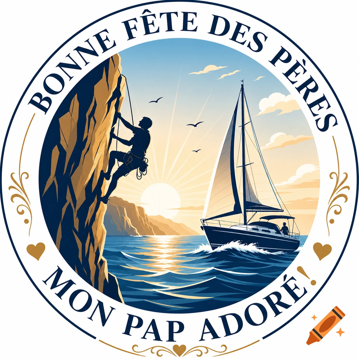 Round Father's Day logo with a rock climber, sailboat, and text 'BONNE FÊTE DES PÈRES MON PAP ADORÉ!'.