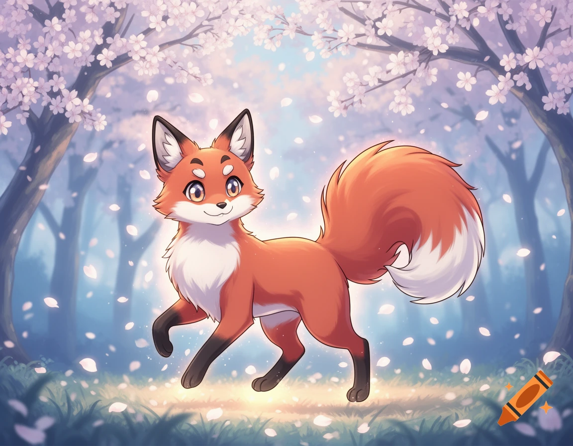 A cute anime fox with orange fur and a white chest walks through a magical forest with falling pink cherry blossoms.
