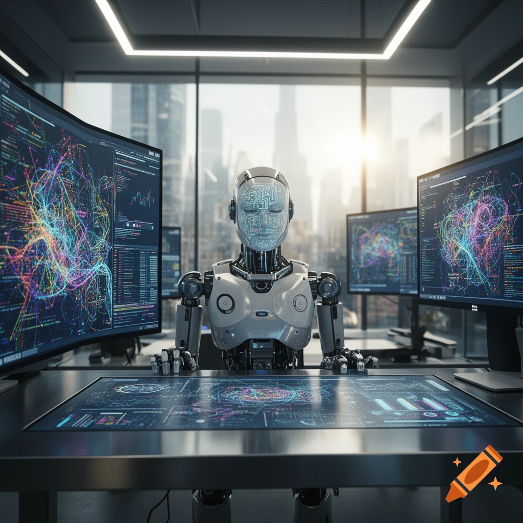A futuristic robot sits at a desk surrounded by multiple computer monitors displaying abstract data visualizations in a modern office.