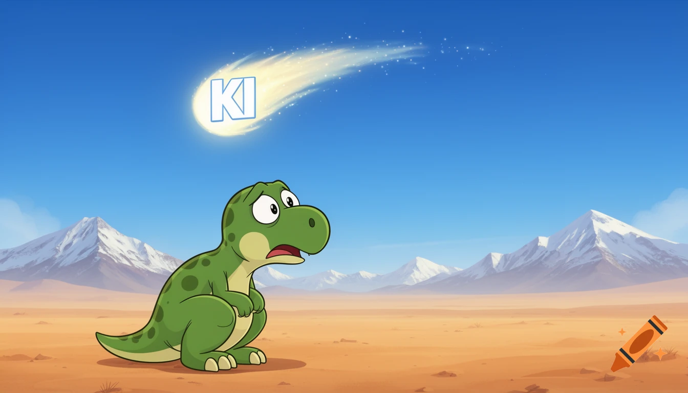 A cartoon dinosaur in a desert looks scared at a comet with 'KI' written on it in the sky, with snow-capped mountains in the background.