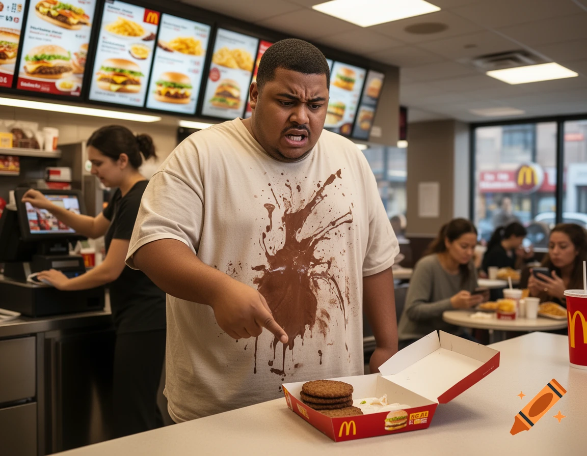 A man in a McDonald's points angrily at his burger box, his white t-shirt covered in a large chocolate spill.