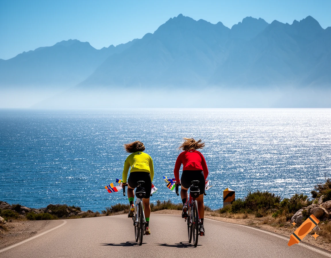 Two cyclists ride on a coastal road towards a sparkling sea and distant mountains.