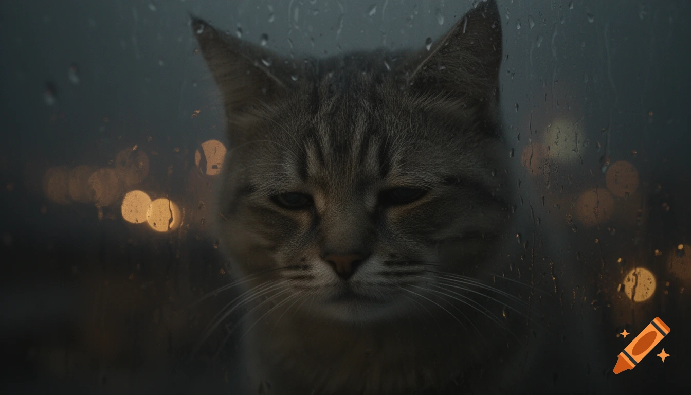 A photorealistic close-up of a sad tabby cat looking through a rain-streaked window at blurred city lights at night.