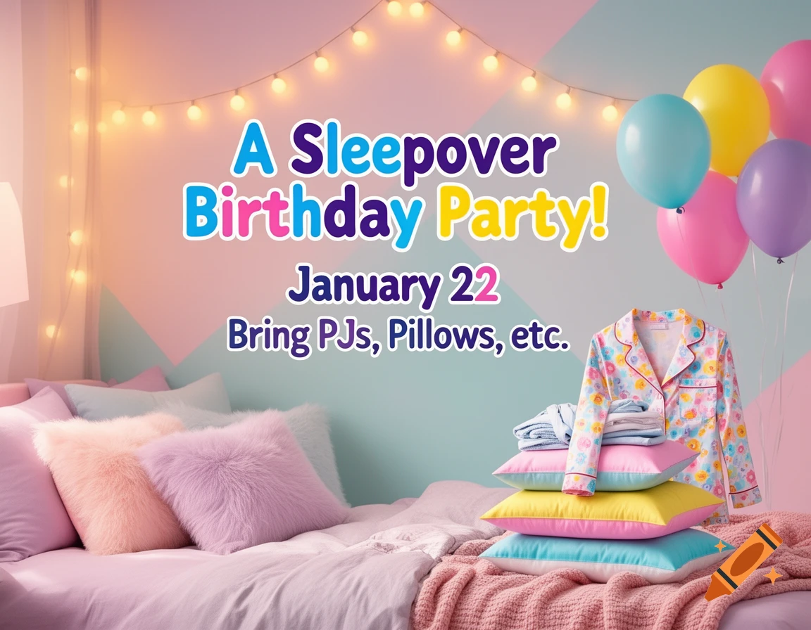 A pastel bedroom decorated for a sleepover birthday party, with balloons, string lights, pajamas, and pillows on a bed, displaying an invitation.