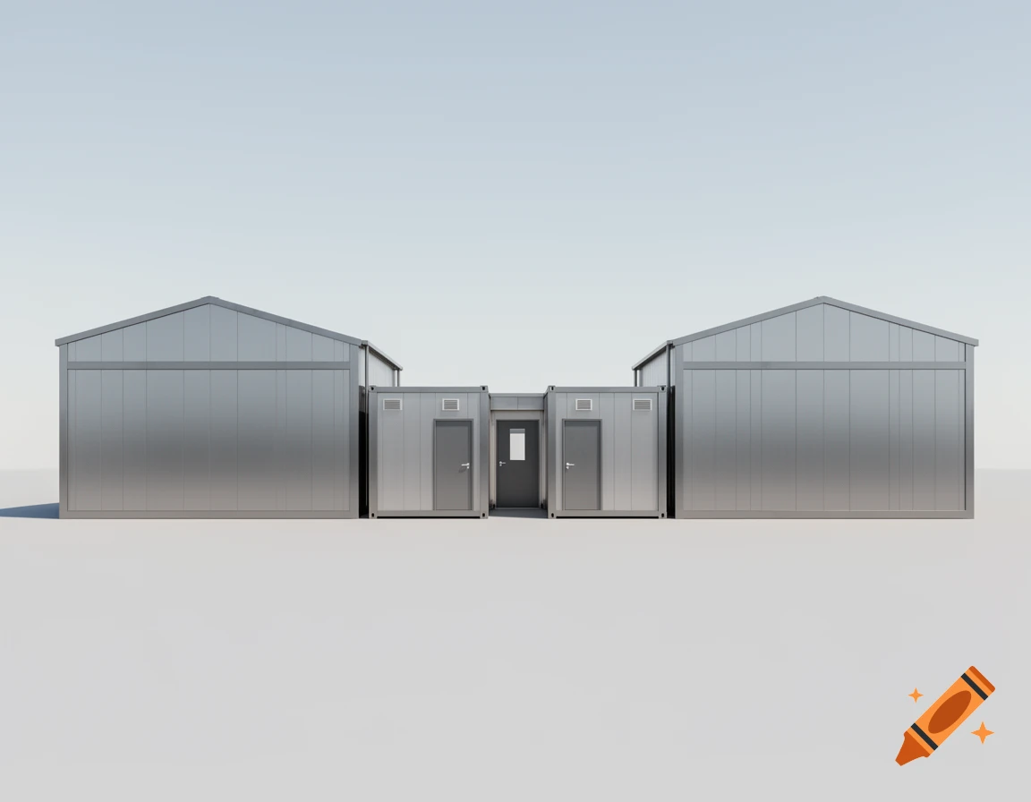 Two large silver industrial halls flank two smaller grey office containers, connected by doors, against a light background.