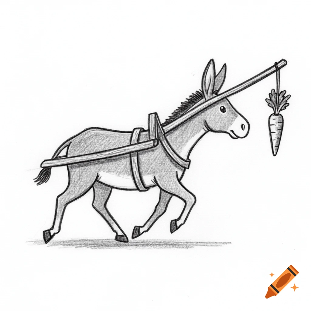 Black and white pencil sketch of a cartoon donkey walking, chasing a carrot on a stick in front of its nose.
