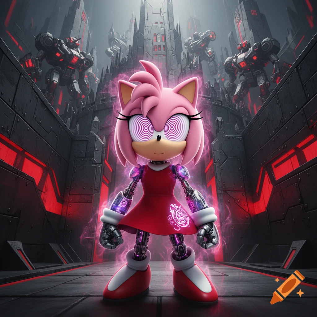 Hypnotized robot Amy Rose, a pink hedgehog, stands in a dark futuristic city with glowing red robots in the background. She has spiral eyes and a pink aura.