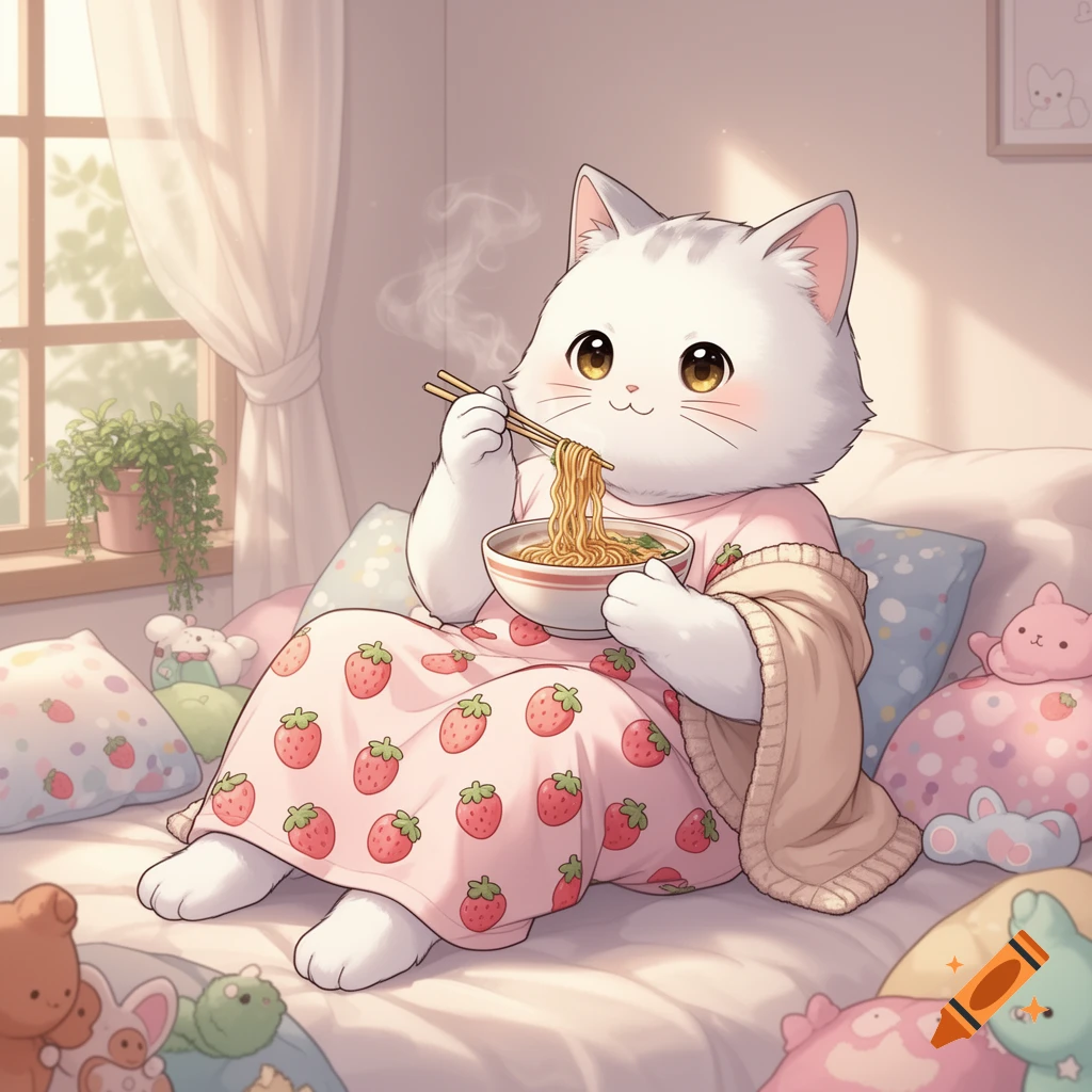 A cute, white anthropomorphic cat in a strawberry-patterned dress eats steaming ramen with chopsticks on a bed surrounded by plush toys.