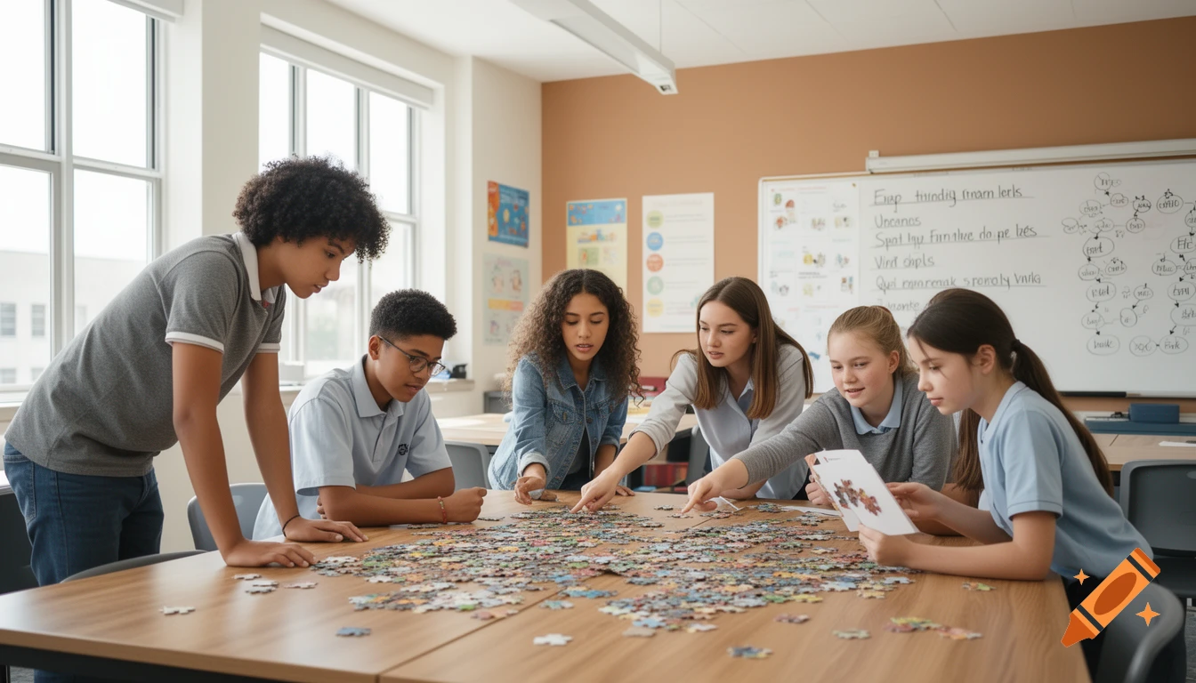 Photorealistic image of diverse students collaboratively solving a jigsaw puzzle at a table in a bright classroom.