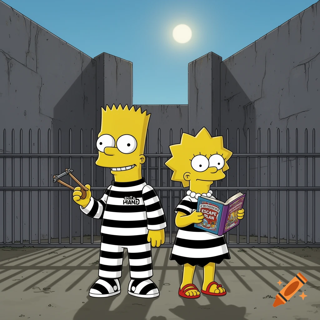 Bart and Lisa Simpson in black and white striped prison clothes stand in front of prison bars and walls. Bart holds a slingshot, and Lisa reads a book titled "Escape Plan".