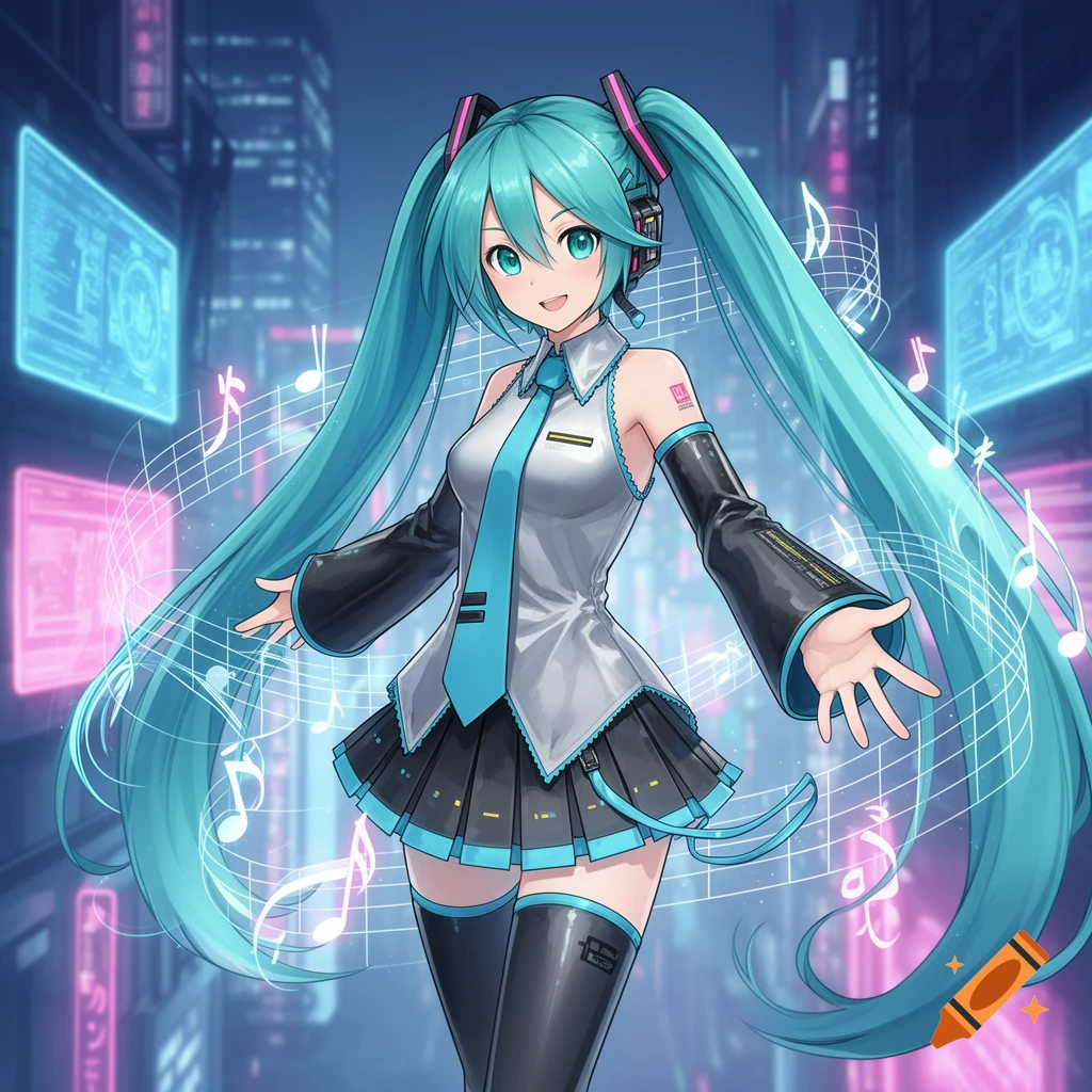 Hatsune Miku in her iconic outfit, smiling in a futuristic cyberpunk city with glowing musical notes.
