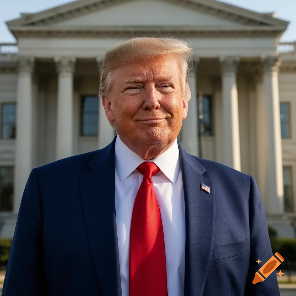 Donald Trump smiling in a blue suit and red tie, standing in front of a classical building with columns.