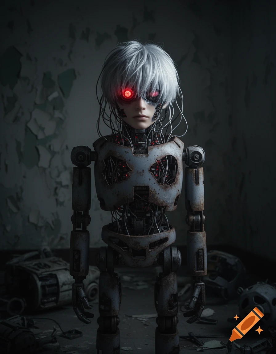 A photorealistic close-up of a damaged, rusty cyborg with a human-like face, white hair, and glowing red eyes in a dark, decaying room.