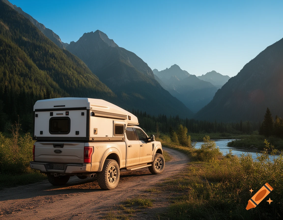 A white truck with a bed camper parked on a dirt road by a river, surrounded by mountains and trees at sunset.