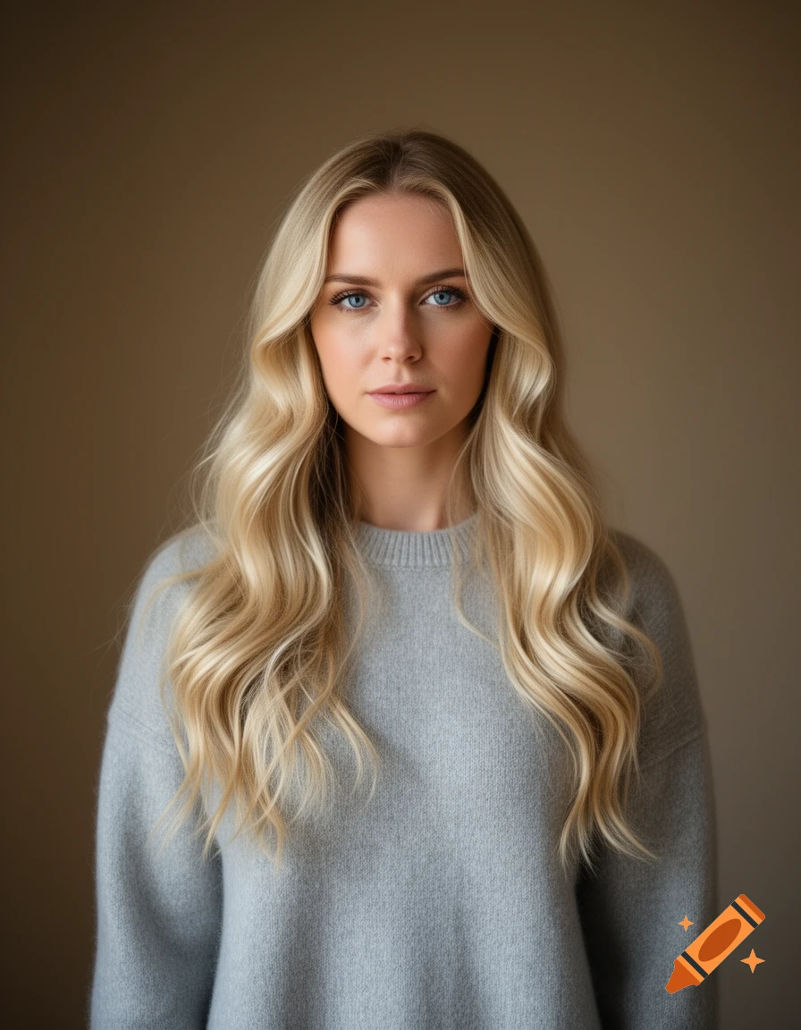 A close-up photorealistic portrait of a young blonde woman with long wavy hair and blue eyes, wearing a grey sweater.