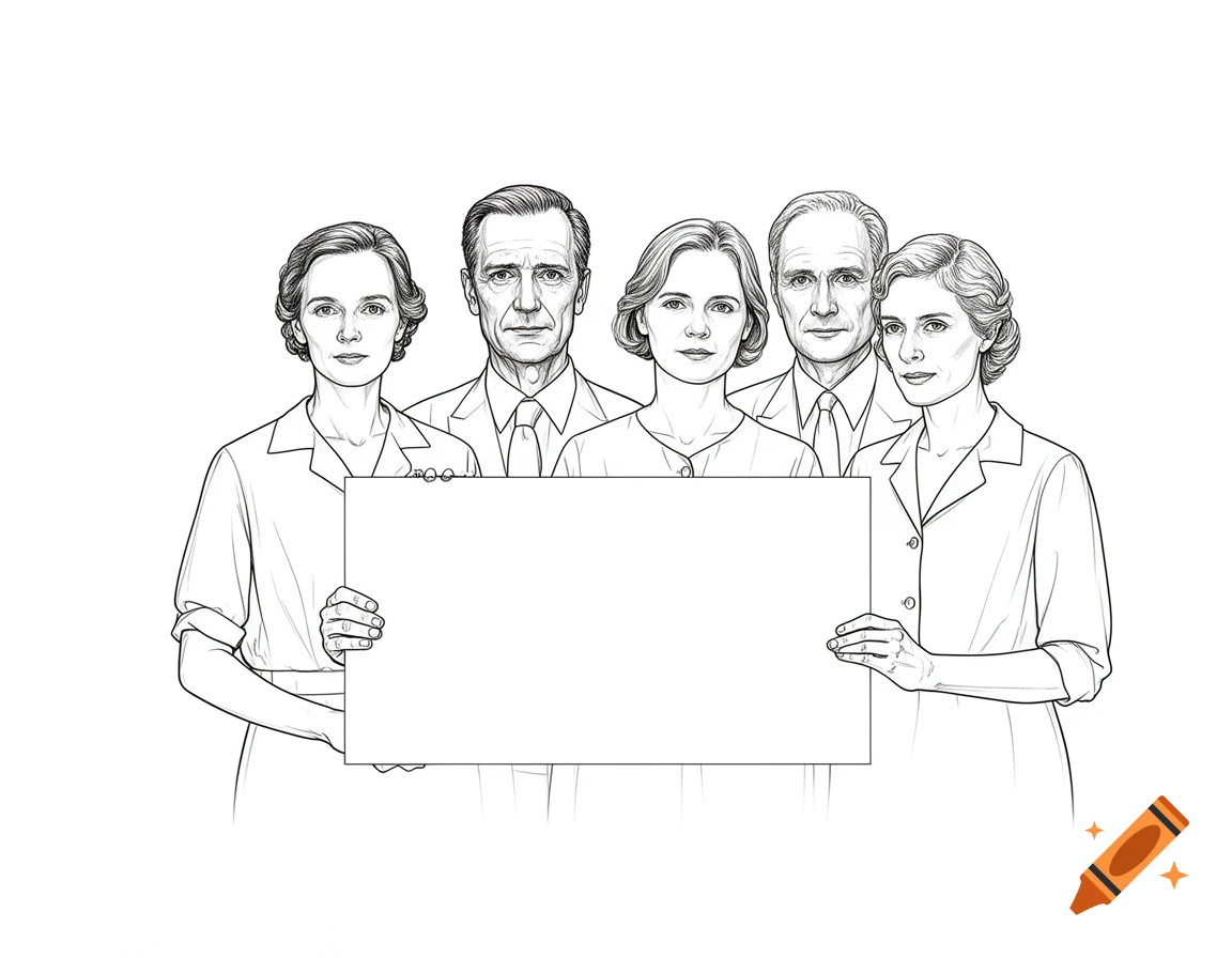 Line art drawing of five adults, three women and two men, holding a blank white sign.