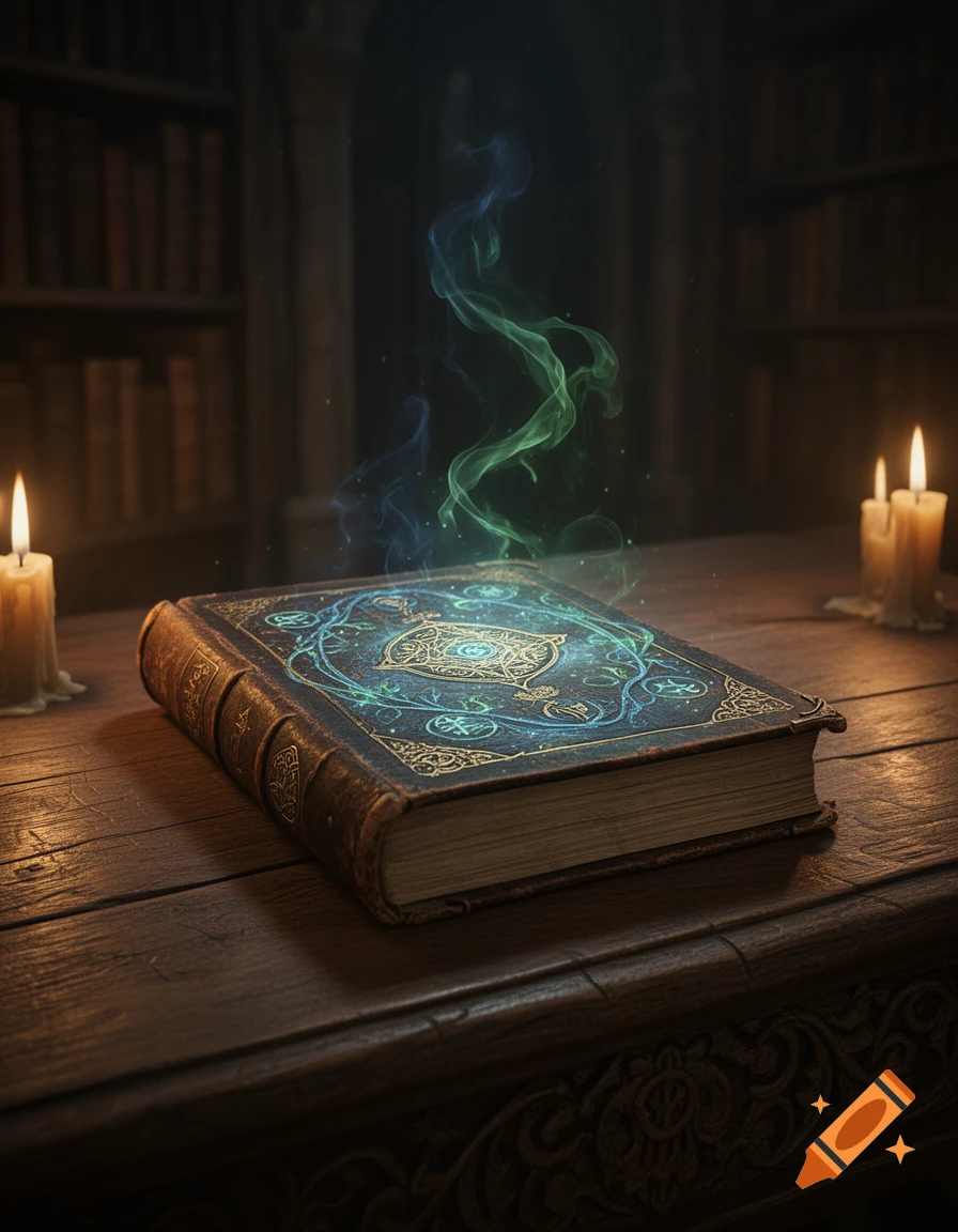 A magical book with glowing blue and green smoke on a wooden table, lit by candles, in a dimly lit library.