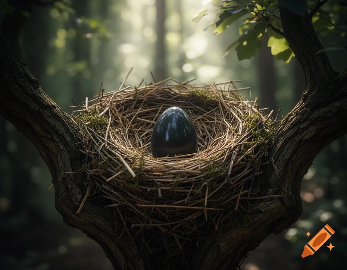A dark, smooth stone egg rests in a bird's nest made of twigs and moss, perched in a tree in a sunlit forest.