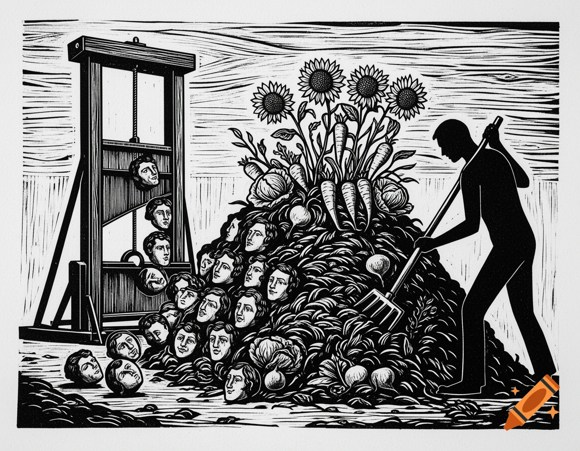 Black and white linocut showing a guillotine, severed heads, and a figure tilling a compost heap growing vegetables.
