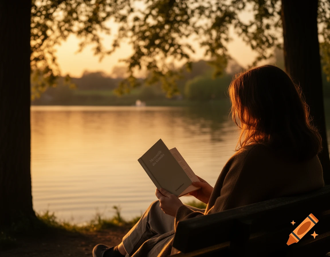 A person reads a book titled "Meeresstille des Gemüts" by a serene lake at sunset, bathed in golden light. Photorealistic style.