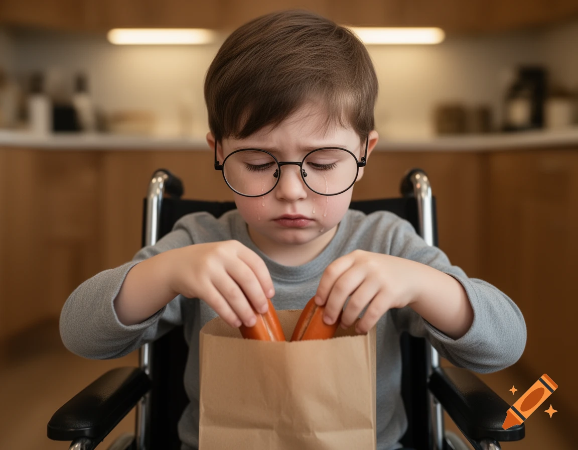 Crying boy in a wheelchair with glasses puts hotdogs into a paper bag in a kitchen.