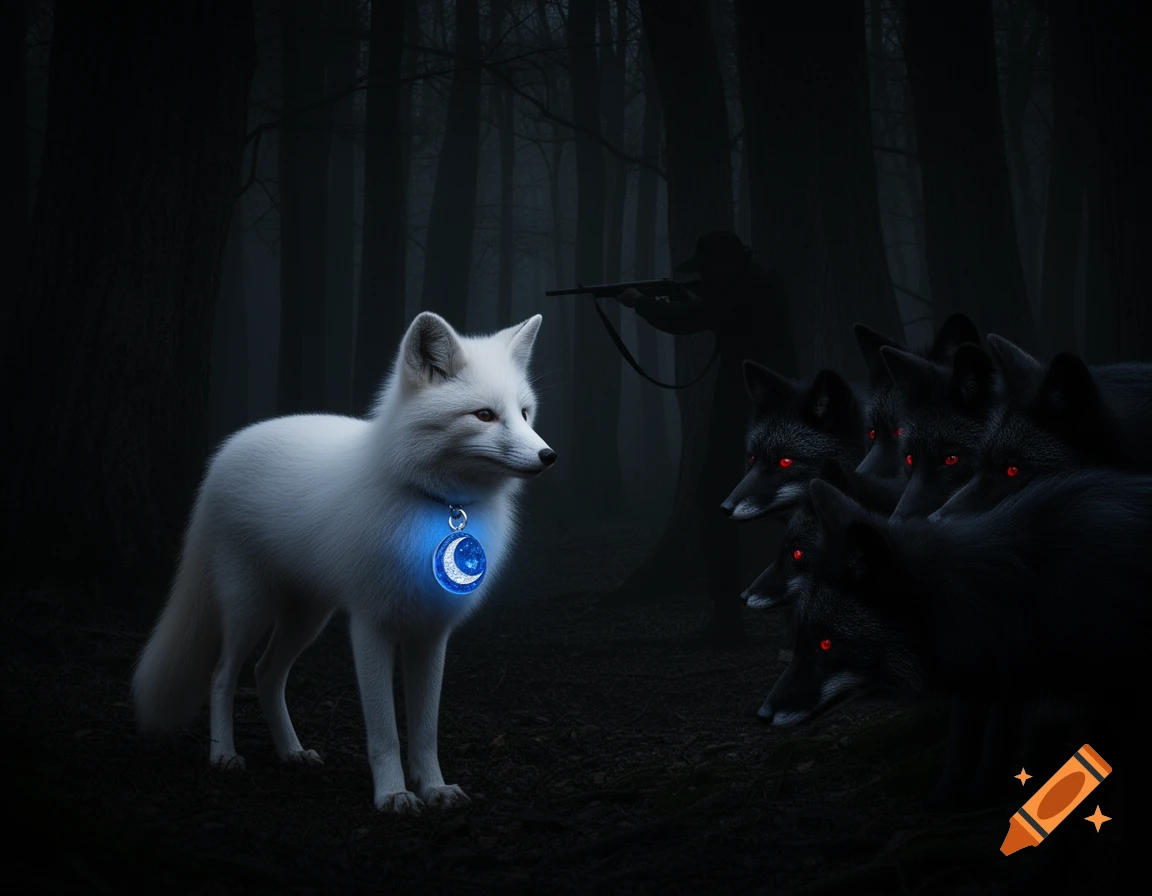 A white fox with a glowing moon amulet faces red-eyed black foxes and a silhouetted hunter in a dark, ominous forest.