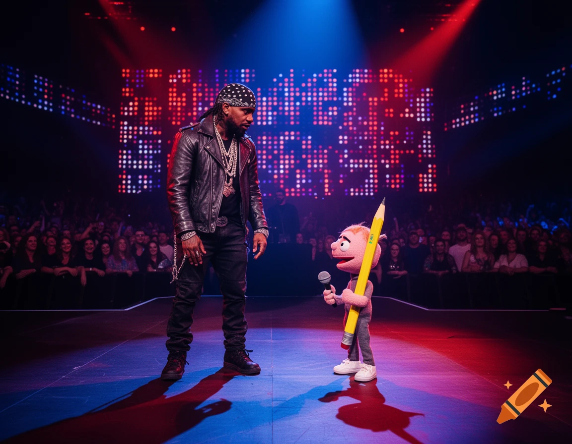 Rapper DMX in a leather jacket stands on a stage with a pink puppet holding a giant yellow pencil and microphone, audience in background.