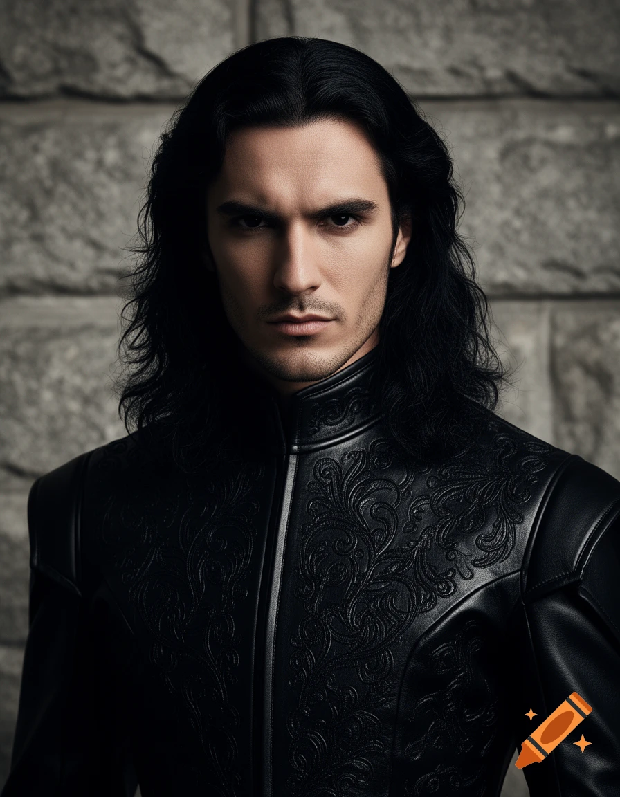 Photorealistic portrait of a man with long black hair and an intense expression, wearing an ornate black leather jacket.