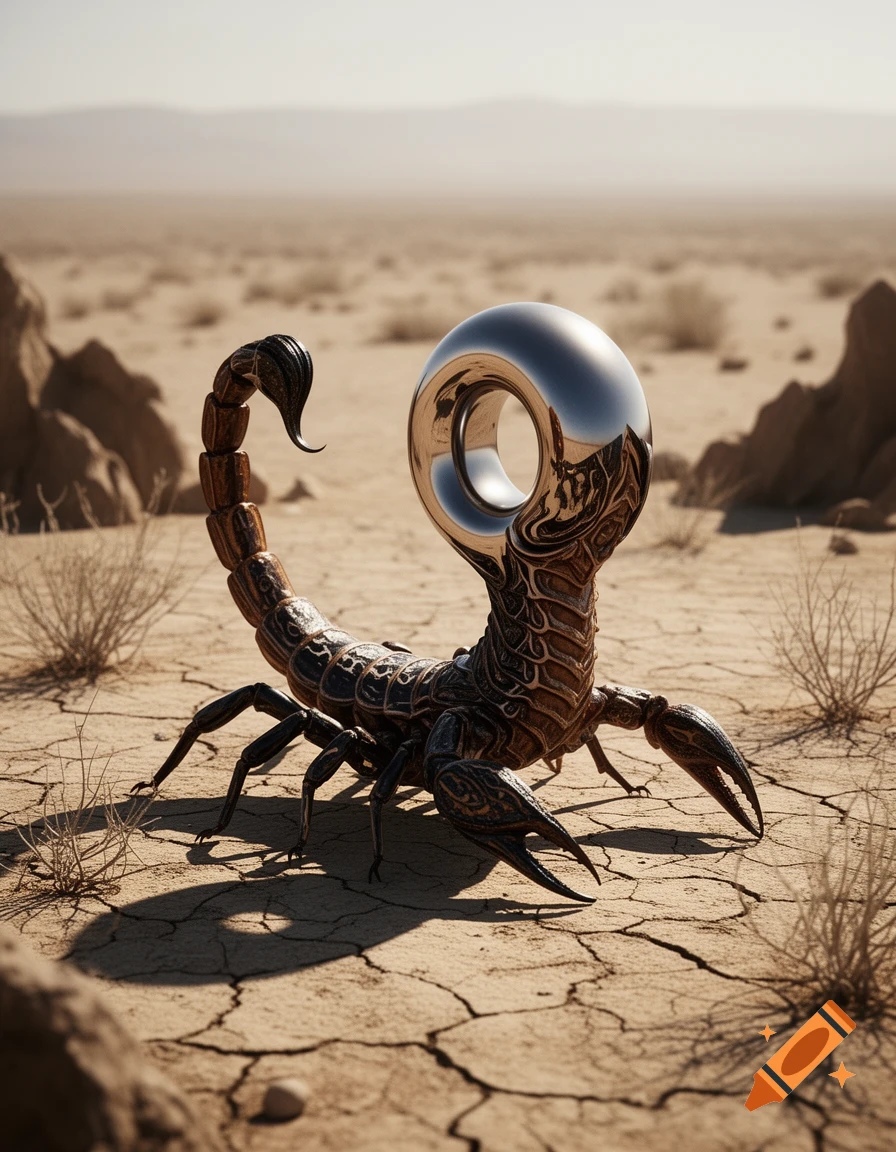 Photorealistic image of a creature with a scorpion's body and a metallic, chrome torus as its head, standing on cracked desert ground.