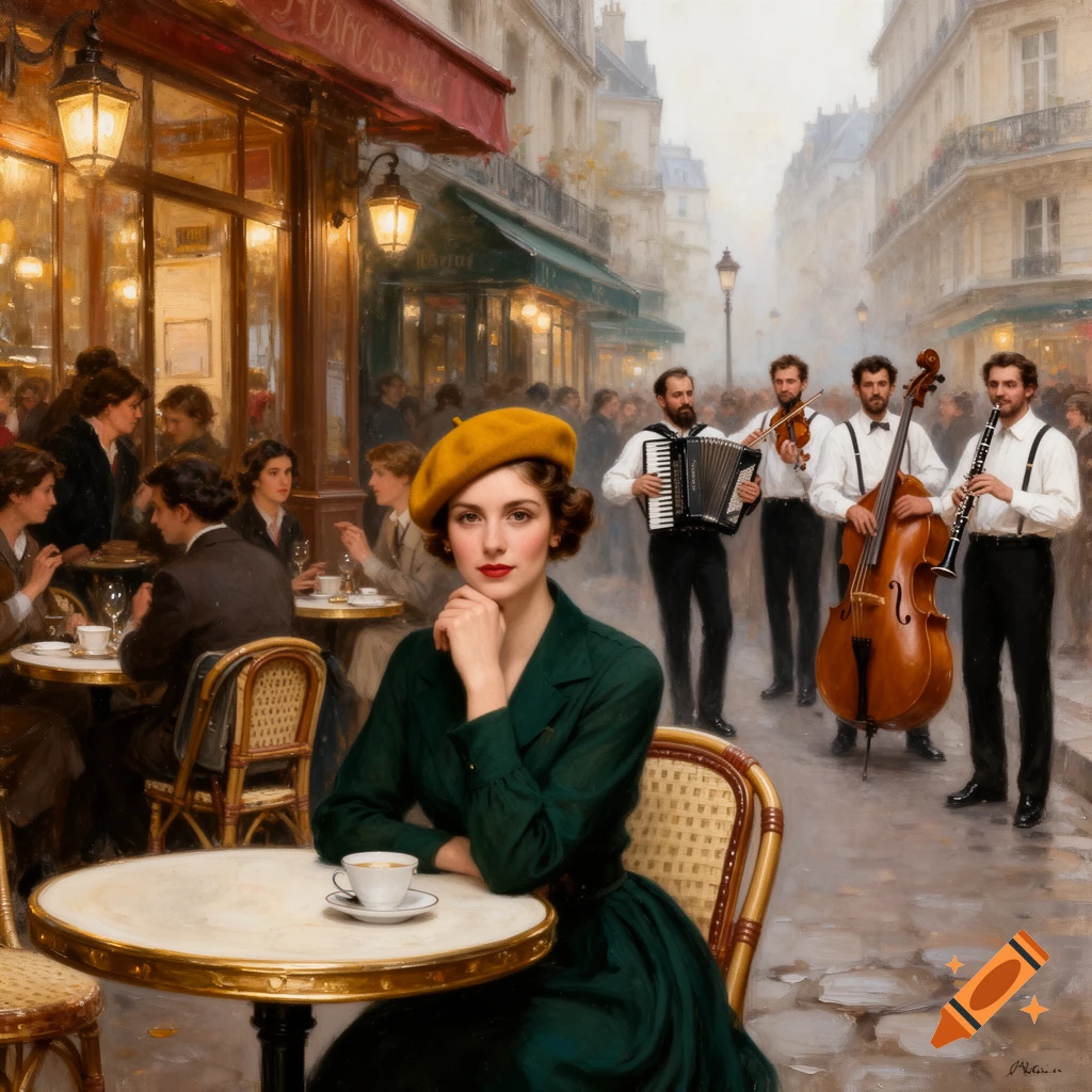 A woman in a green dress and yellow beret sits at an outdoor cafe table in vintage Paris, with street musicians and blurred city life in the background, in an oil painting style.