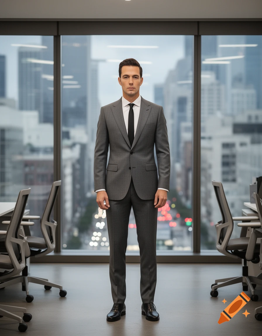 A man in a grey suit stands in a modern office with a city view through large windows, photorealistic.