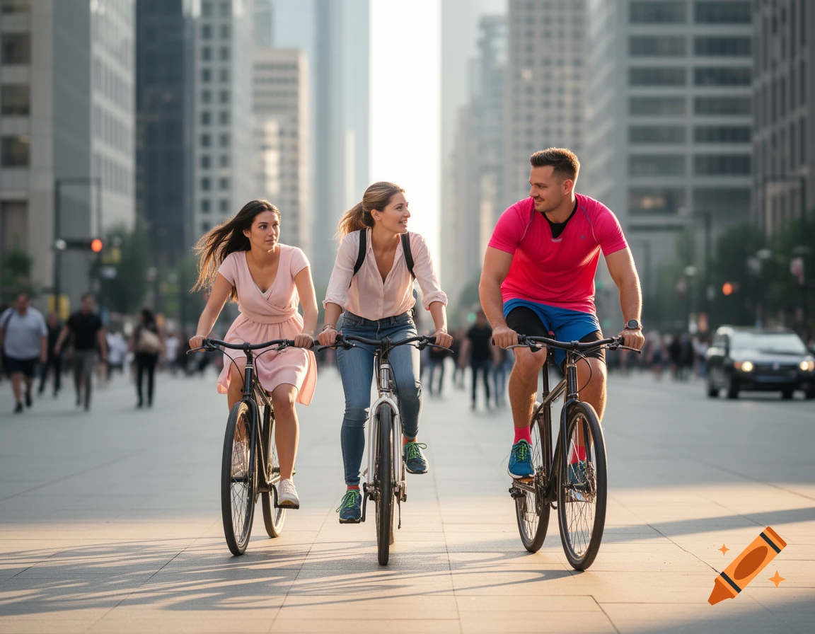 Two women and a man ride bicycles on a city street with tall buildings and blurred pedestrians in the background.