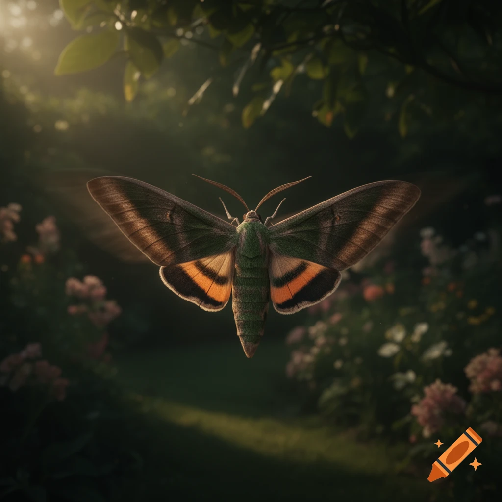 A detailed hawkmoth with green and orange wings hovers gracefully in a softly lit, verdant garden with blurred flowers.
