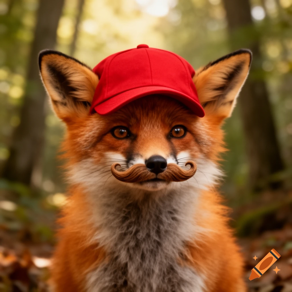 Photorealistic close-up of a fox wearing a red baseball cap and a handlebar mustache in a forest.