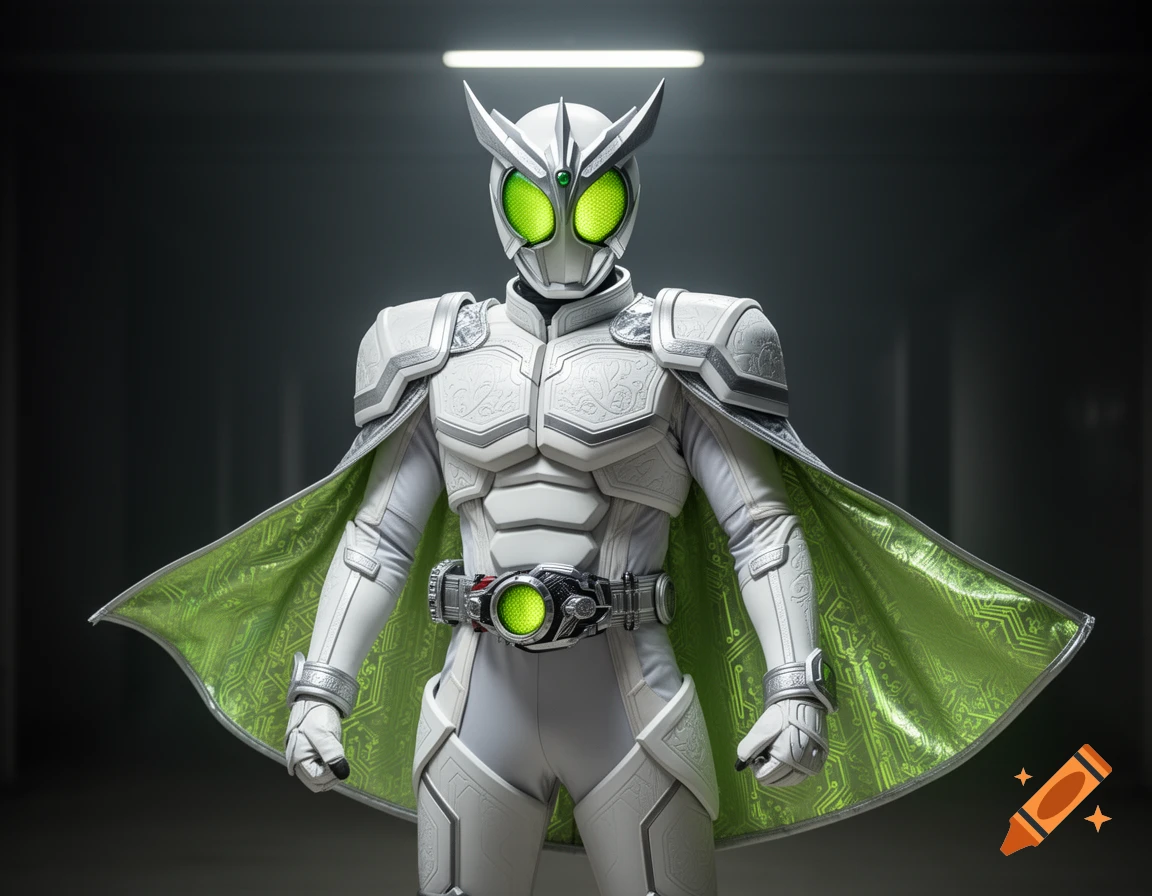 Photorealistic Kamen Rider Zenith in white armor, lime-green lenses, and a silver cape with lime-green technological lining.
