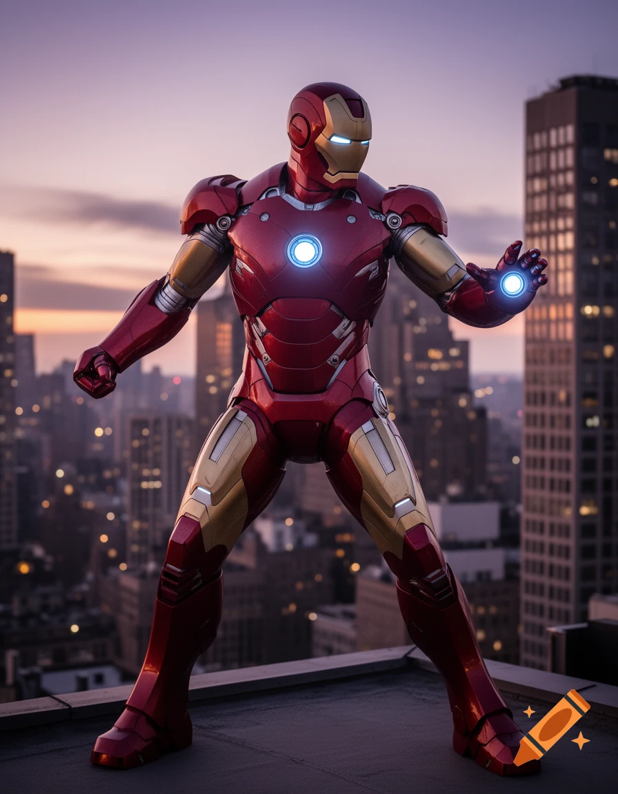 Iron Man stands on a city rooftop at sunset, his suit glowing, with tall buildings in the background.