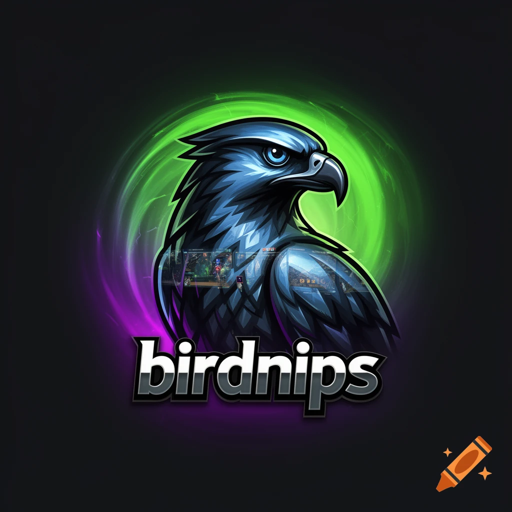 Stylized blue eagle head logo with glowing green and purple swirls, and 'birdnips' text.