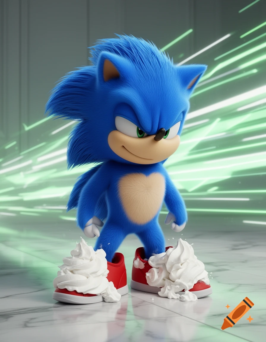 3D rendered Sonic the Hedgehog stands with mischievous eyes, his red shoes covered in white whipped cream, against a blurry green light background.