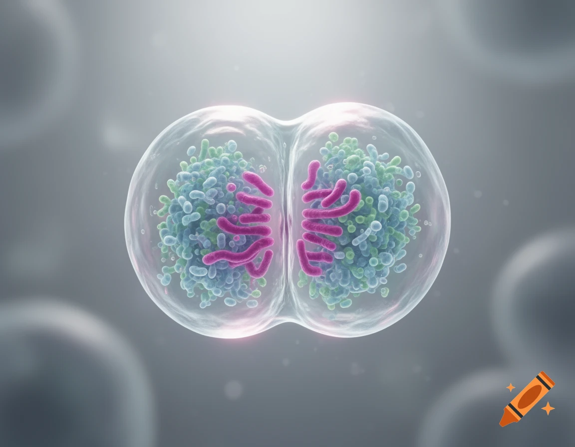 A detailed scientific illustration of a cell in the process of dividing, showing internal structures like pink chromosomes and blue-green organelles within a transparent membrane.