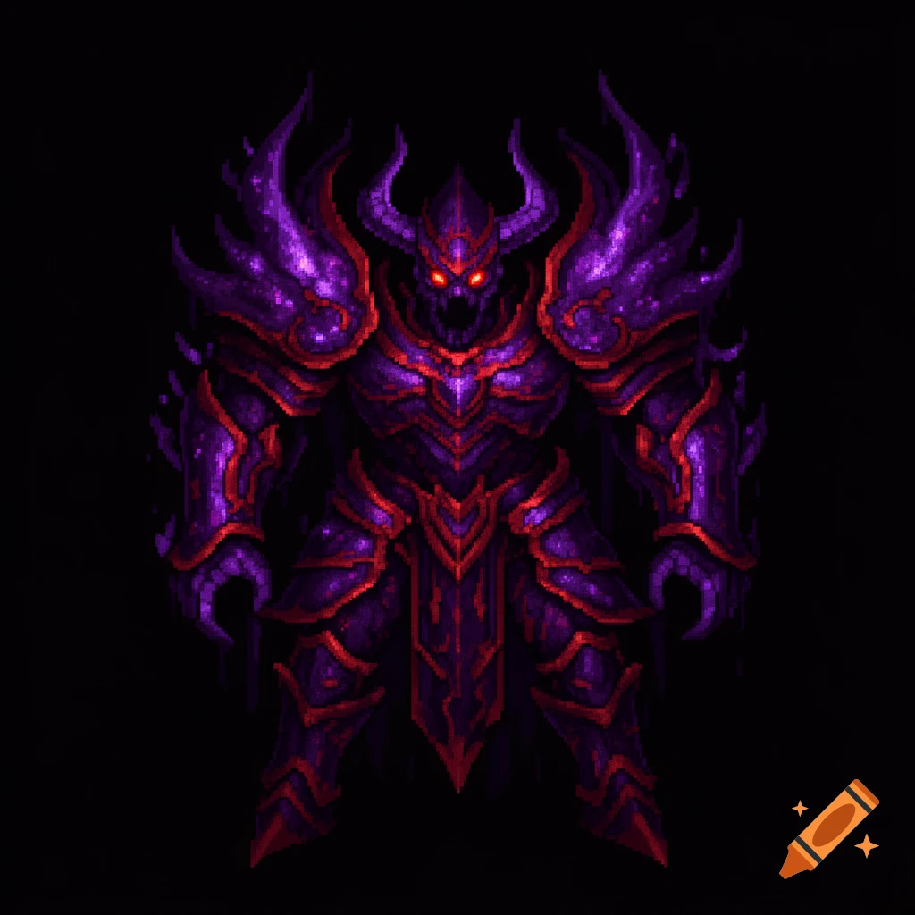Pixel art of a demonic void overlord in cosmic purple and dark red armor, with glowing red eyes, against a black background.