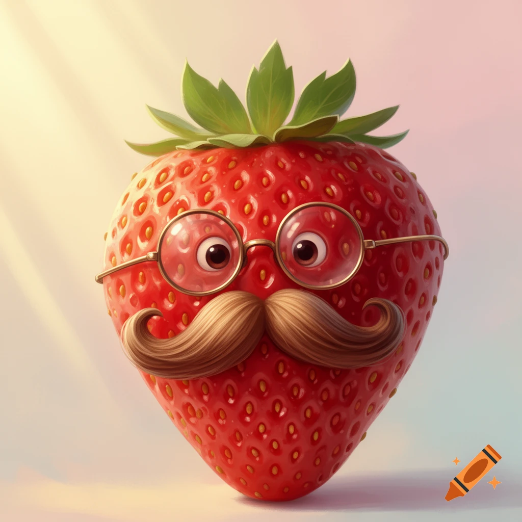 A cute, stylized strawberry with a brown mustache and round glasses against a soft, light-colored background.