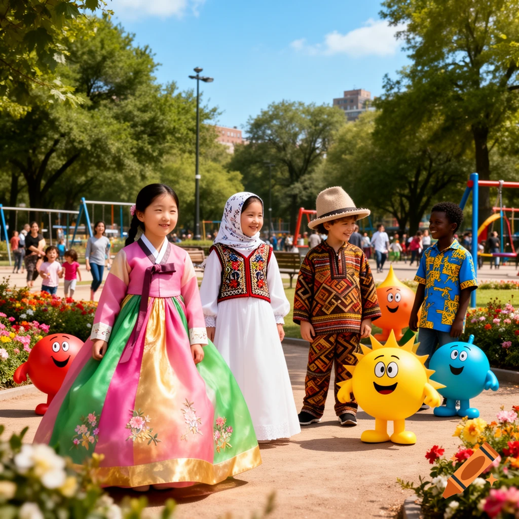 Four children in diverse traditional clothing and three cartoon characters smile in a sunny park.