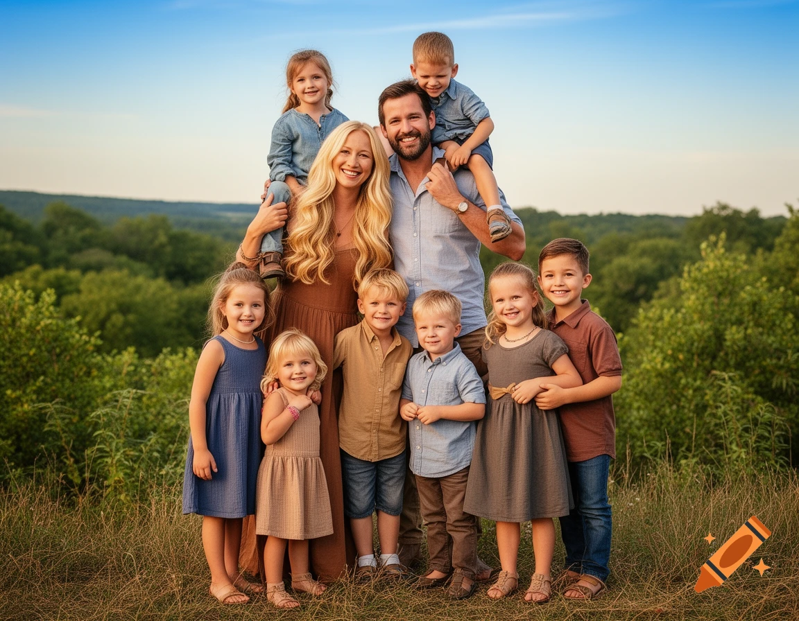 A large family, including parents and seven children, poses outdoors in a grassy field with trees in the background under a blue sky.