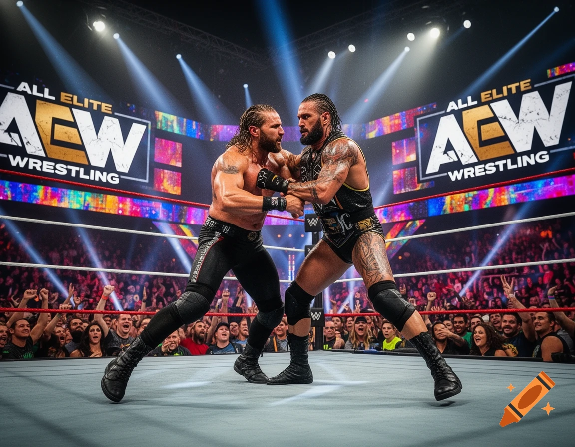 Two muscular wrestlers grapple in a brightly lit ring, surrounded by a cheering crowd and large screens displaying the AEW logo.