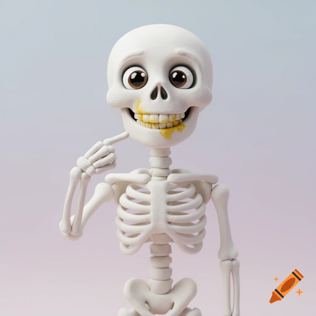 Friendly cartoon skeleton with big eyes points to its yellow-stained teeth and smiles, 3D render on pastel background.