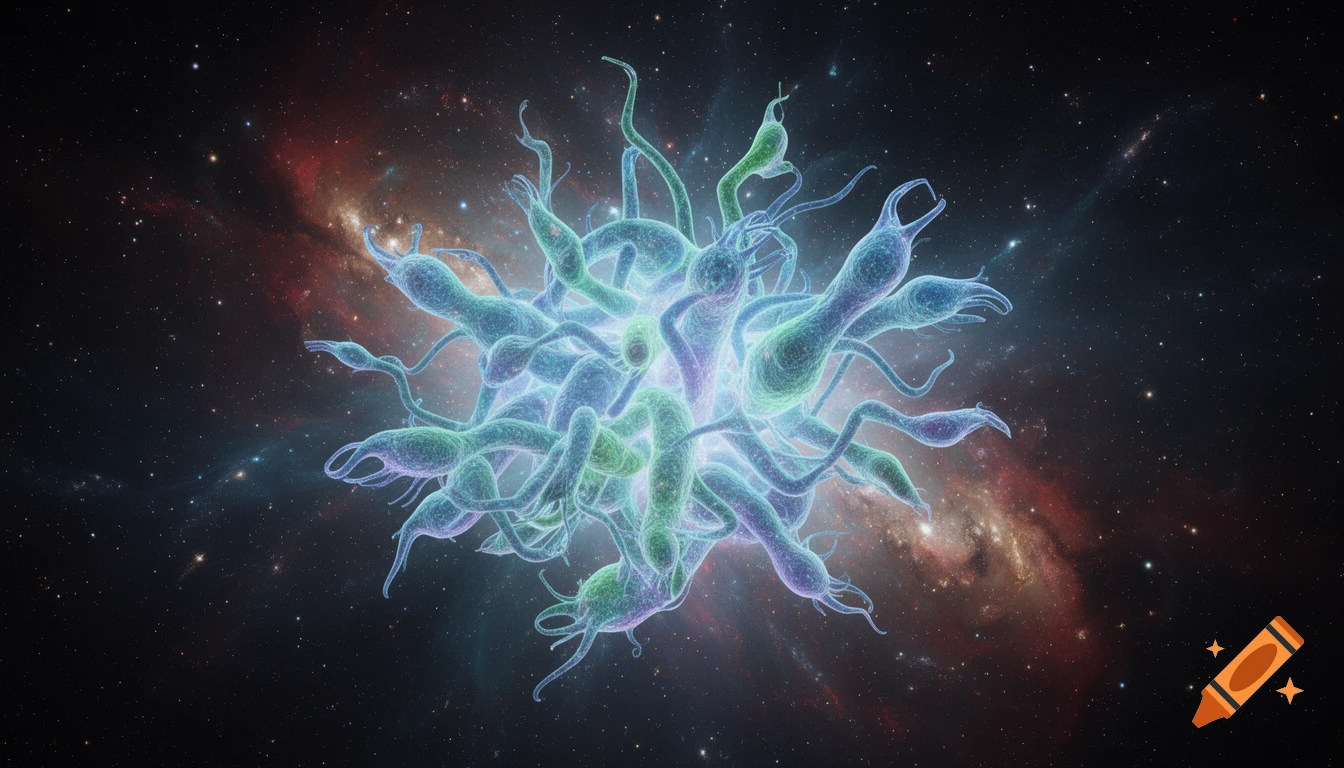 Luminescent, cell-like creatures entangled together, floating against a starry cosmic background with nebulas.